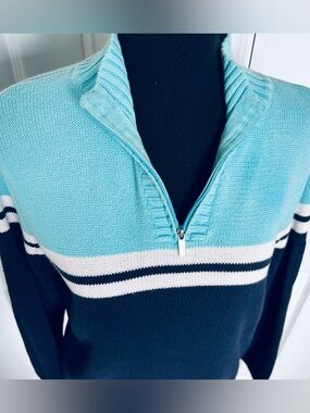 ⛴️ Vtg Liz Claiborne Turquoise & Navy Color Block Quarters-Zip Sweater Sz Large